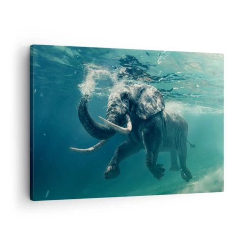 Impression sur toile - Image sur toile - Un éléphant nageant sous l'eau dans les profondeurs turquoise - 70x50cm - Tout le monde aime nager - Décoration murale moderne pour le salon et la chambre ARTTOR