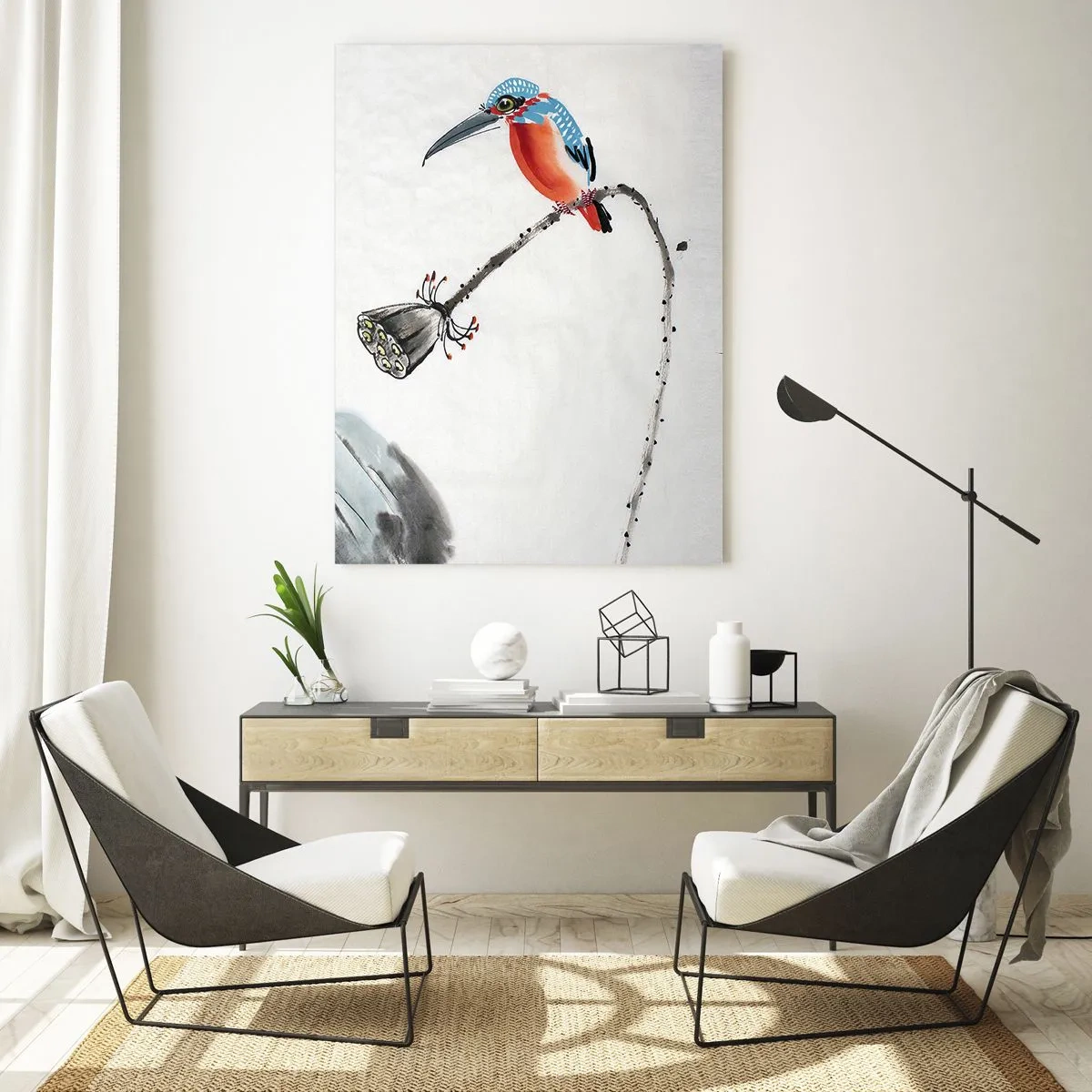 Impression sur verre - Image sur verre - Illustration d'un oiseau coloré et d'une libellule sur fond de végétation - 50x70cm - La vie du champ - Décoration murale moderne pour le salon et la chambre ARTTOR