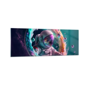 Impression sur verre - Image sur verre - Astronaute dans une aura cosmique colorée - 140x50cm - porte des étoiles - Décoration murale moderne pour le salon et la chambre ARTTOR