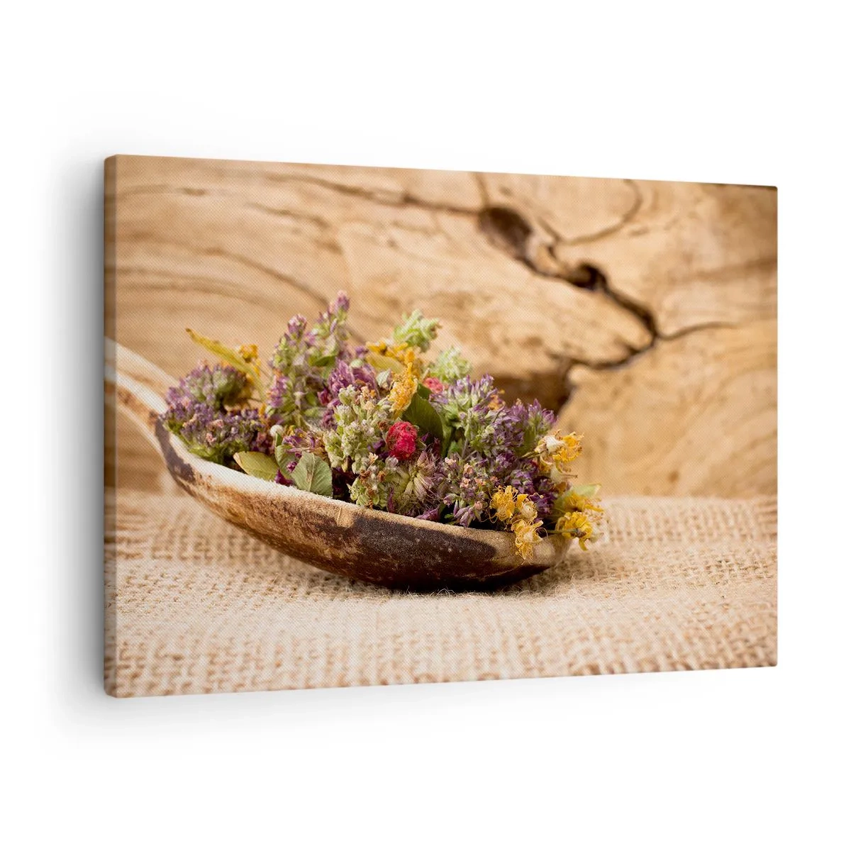 Impression sur toile - Image sur toile - Herbes séchées dans une cuillère en bois sur un fond en bois naturel - 70x50cm - Fleurs colorées et herbes parfumées - Décoration murale moderne pour le salon et la chambre ARTTOR