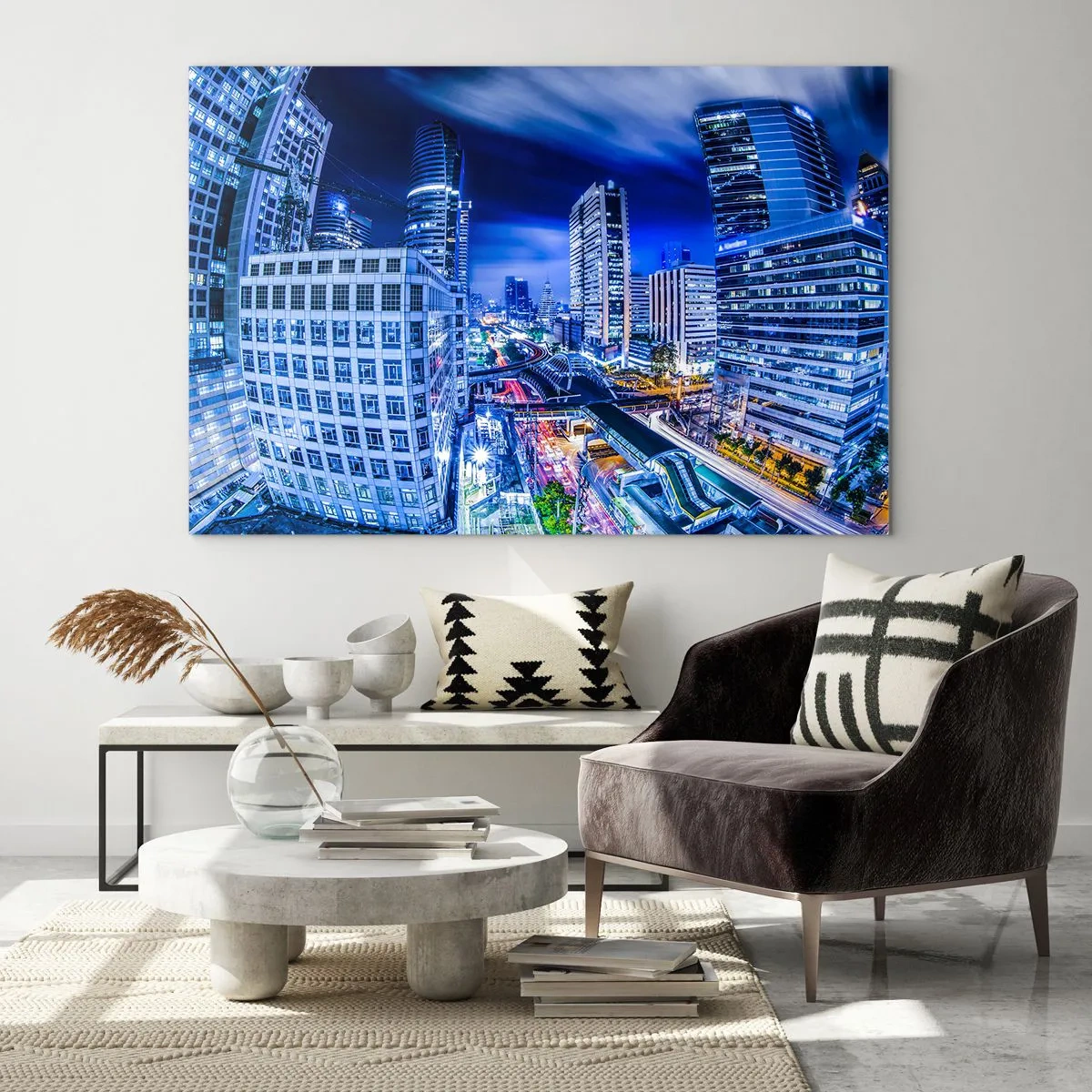 Impression sur verre - Image sur verre - Panorama d'une ville moderne la nuit avec des lumières vives - 120x80cm - Rythmes de la ville nocturne - Décoration murale moderne pour le salon et la chambre ARTTOR