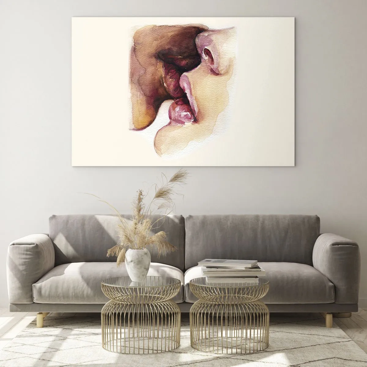 Impression sur verre - Image sur verre - Aquarelle artistique représentant un baiser de deux visages sur fond clair - 70x50cm - Comme le jour et la nuit, la terre et le ciel - Décoration murale moderne pour le salon et la chambre ARTTOR