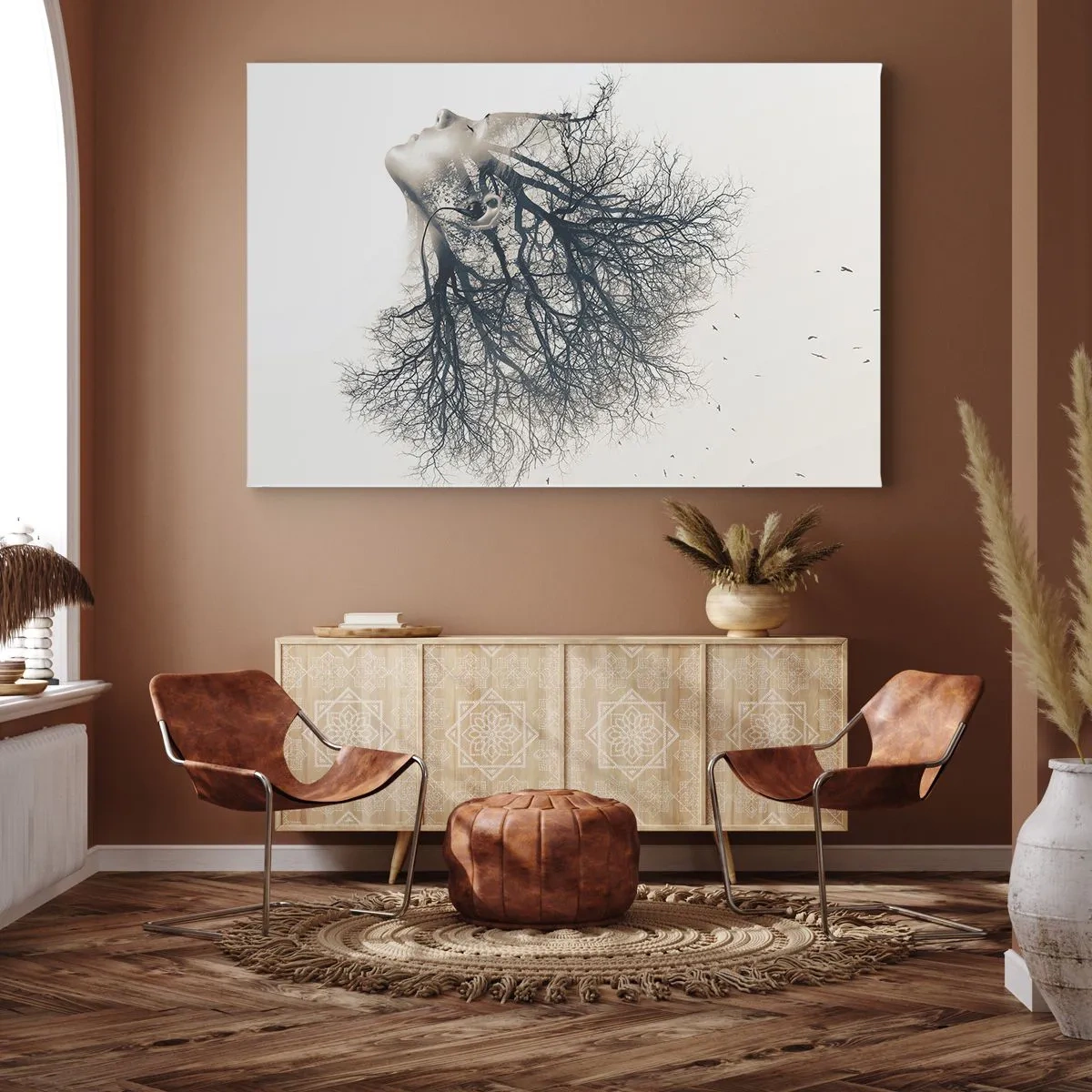 Impression sur toile - Image sur toile - Silhouette créative d'une femme et d'arbres - 120x80cm - Écouter le murmure des arbres - Décoration murale moderne pour le salon et la chambre ARTTOR