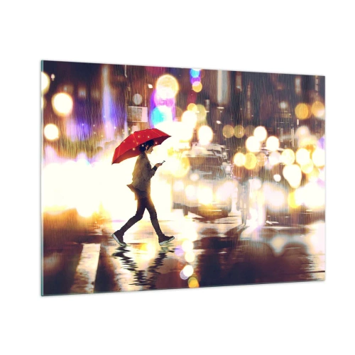 Impression sur verre - Image sur verre - Une silhouette avec un parapluie rouge dans une rue pluvieuse la nuit - 100x70cm - Et pourtant ensoleillé - Décoration murale moderne pour le salon et la chambre ARTTOR
