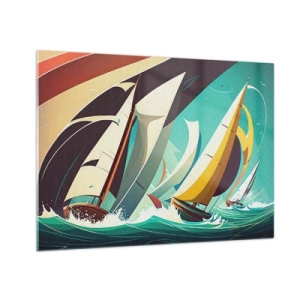 Impression sur verre - Image sur verre - Illustration de style rétro de voiliers dans une mer agitée - 70x50cm - Bonne chance avec les éléments - Décoration murale moderne pour le salon et la chambre ARTTOR