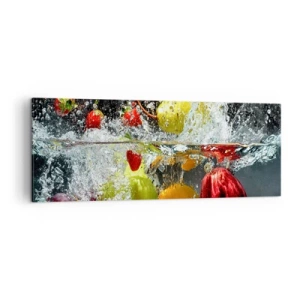 Impression sur toile - Image sur toile - Fruits colorés dans l'eau lors d'une immersion dynamique - 140x50cm - Rafraîchissement fruité - Décoration murale moderne pour le salon et la chambre ARTTOR