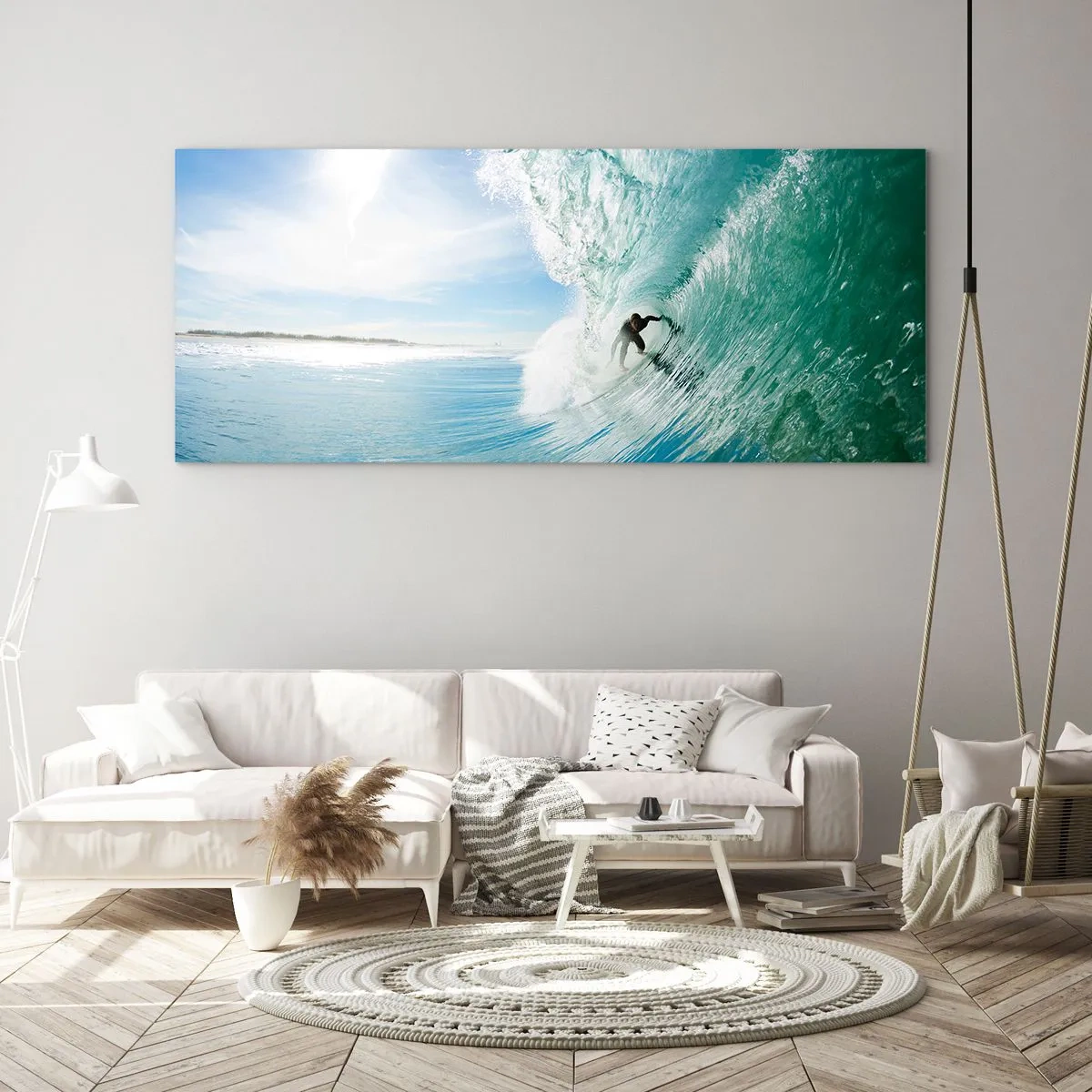 Impression sur verre - Image sur verre - Un surfeur chevauchant une vague au soleil contre un ciel bleu - 140x50cm - Toujours sur la vague - Décoration murale moderne pour le salon et la chambre ARTTOR