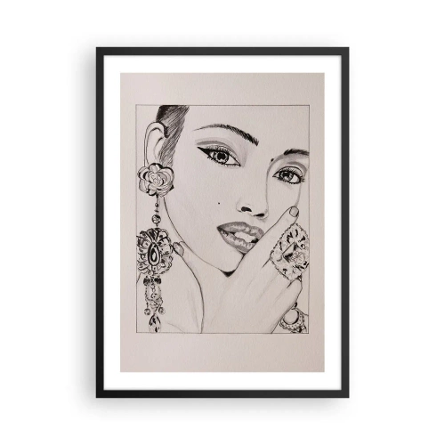 Affiche dans un cadre noir - Poster - Croquis d'une femme portant des bijoux glamour - 50x70cm - Le plus beau joyau - Décoration murale moderne pour le salon et la chambre ARTTOR