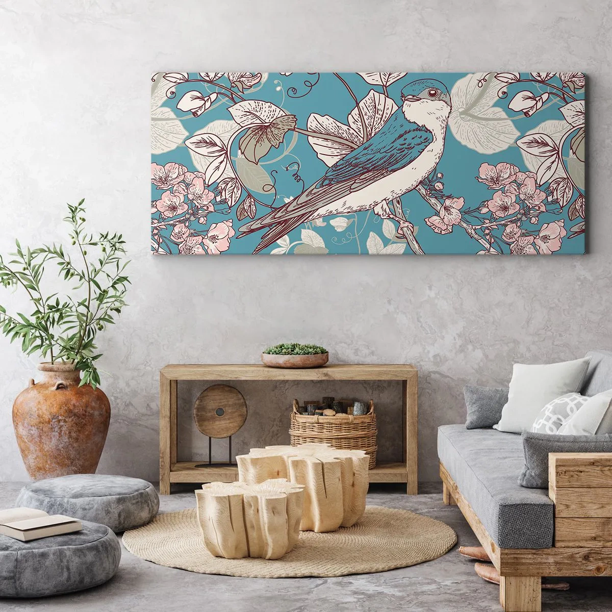 Impression sur toile - Image sur toile - Un oiseau sur une branche dans un style floral délicat - 140x50cm - Dans le bois blanc du rouge et de l'argent - Décoration murale moderne pour le salon et la chambre ARTTOR