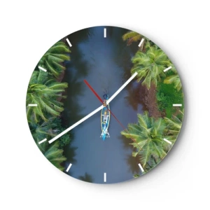 Horloge murale - Pendule murale - Un bateau sur une rivière tropicale parmi les palmiers, vu à vol d'oiseau. - 30x30cm - Sur un sentier tropical - Décoration murale moderne pour le salon, la cuisine et la chambre ARTTOR