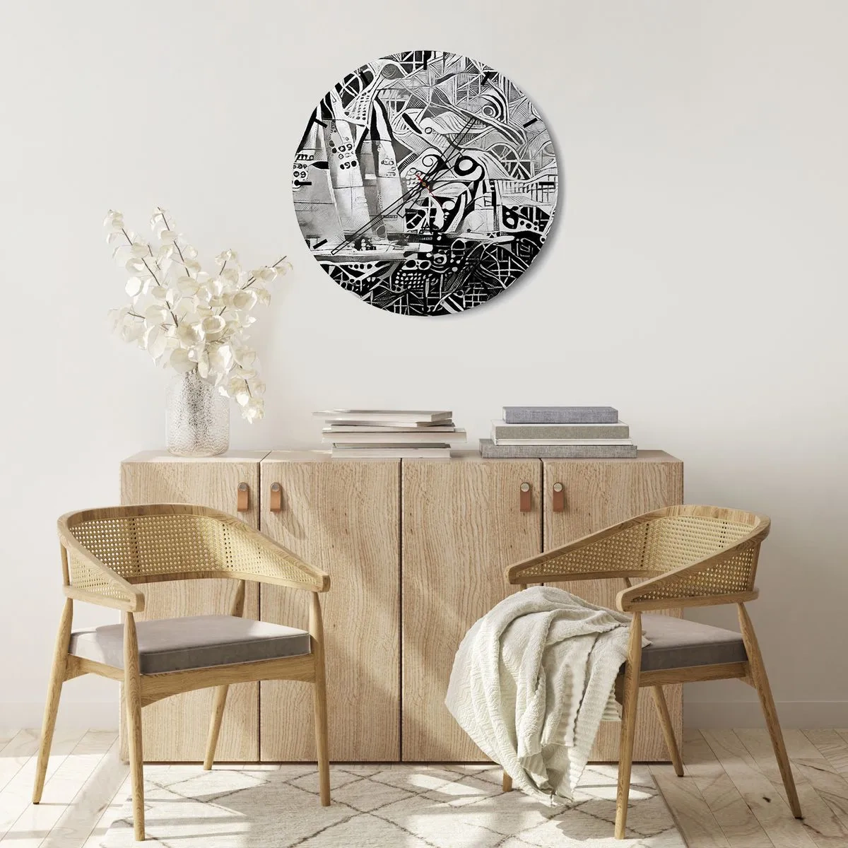 Horloge murale - Pendule murale - Vagues abstraites en noir et blanc avec des éléments géométriques - 30x30cm - Entre les vagues - Décoration murale moderne pour le salon, la cuisine et la chambre ARTTOR