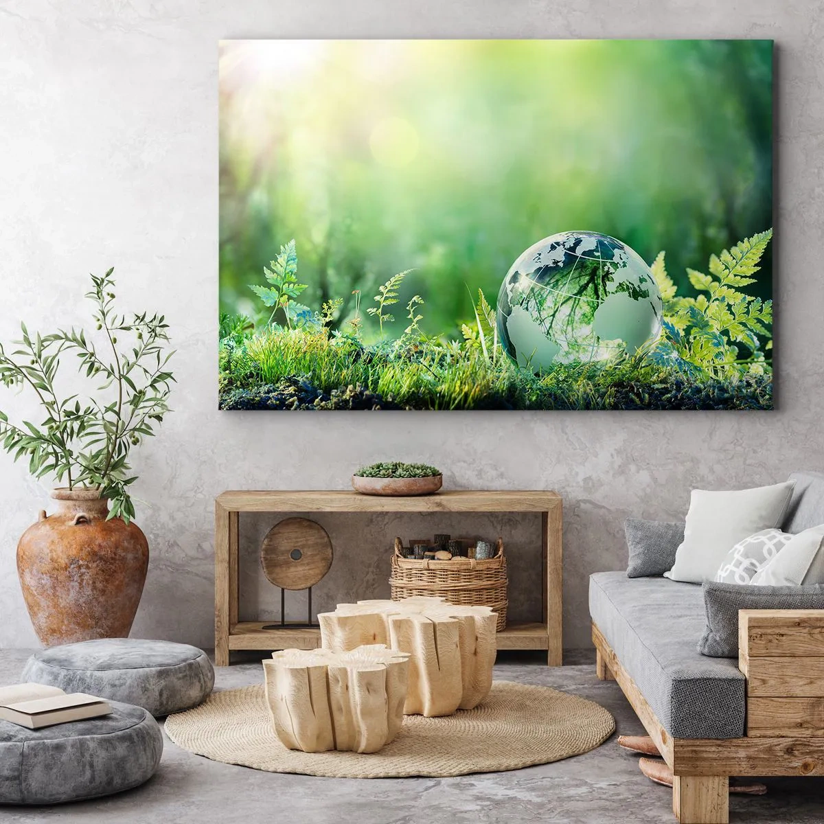 Impression sur toile - Image sur toile - Un globe de cristal parmi la verdure de la nature - 120x80cm - La planette verte - Décoration murale moderne pour le salon et la chambre ARTTOR