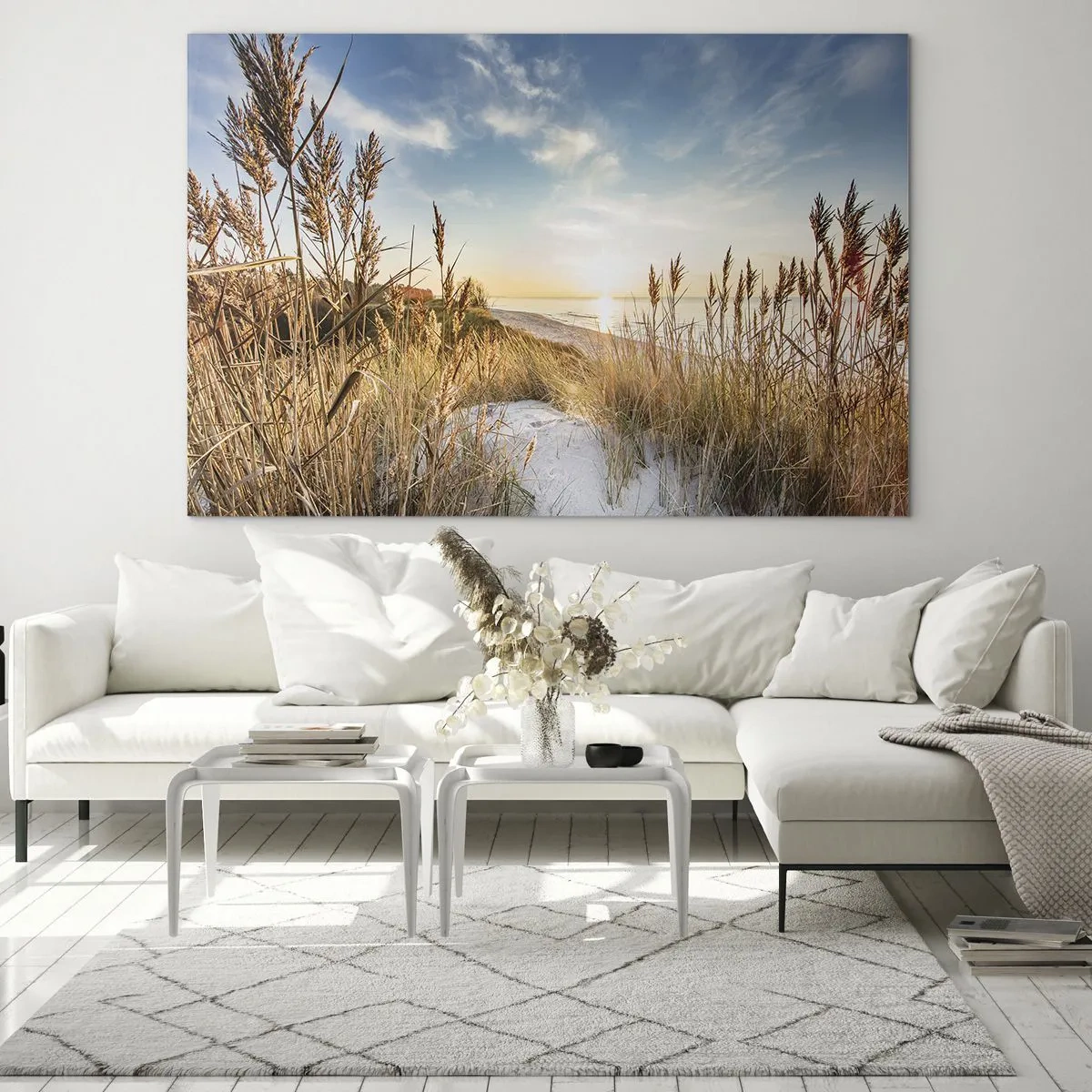 Impression sur verre - Image sur verre - Coucher de soleil sur une plage avec des dunes couvertes d'herbe - 120x80cm - Plage du nord - Décoration murale moderne pour le salon et la chambre ARTTOR