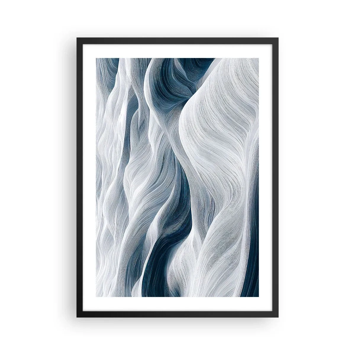 Affiche dans un cadre noir - Poster - Vagues abstraites dans des tons de blanc et de bleu marine - 50x70cm - Vagues blanches et bleues - Décoration murale moderne pour le salon et la chambre ARTTOR