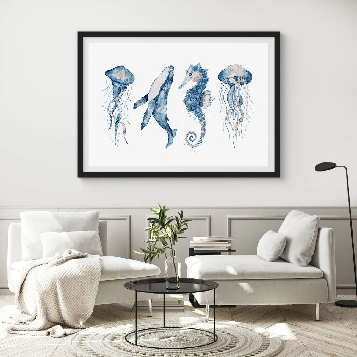 Affiche dans un cadre noir - Poster - Méduse, baleine et hippocampe dans un style aquarelle - 70x50cm - Merveilles de la mer - Décoration murale moderne pour le salon et la chambre ARTTOR