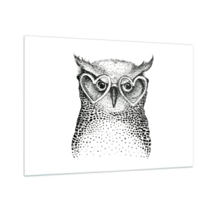 Impression sur verre - Image sur verre - Illustration d'un hibou portant des lunettes en forme de cœur - 100x70cm - Sagement et avec amour - Décoration murale moderne pour le salon et la chambre ARTTOR