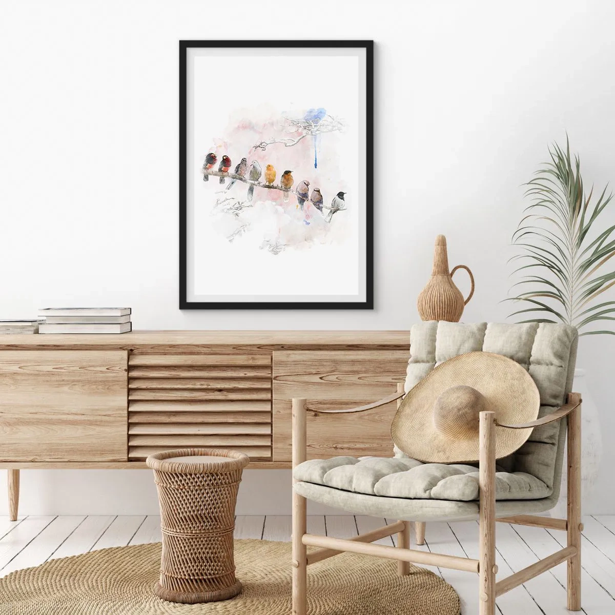 Affiche dans un cadre noir - Poster - Oiseaux assis sur une branche dans un style aquarelle - 50x70cm - Rencontre ailée - Décoration murale moderne pour le salon et la chambre ARTTOR