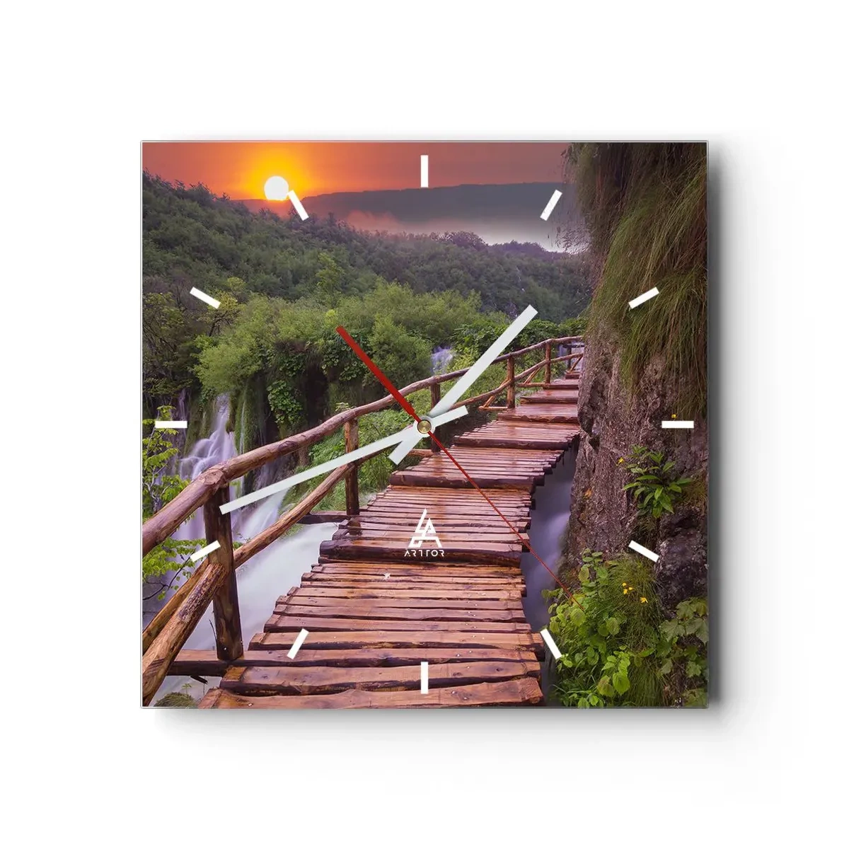 Horloge murale - Pendule murale - Un pont surplombant les cascades au coucher du soleil - 30x30cm - La beauté au-delà de la croyance - Décoration murale moderne pour le salon et la chambre ARTTOR
