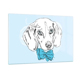 Impression sur verre - Image sur verre - Dessin d'un chien avec un nœud papillon sur fond bleu - 120x80cm - L'élégance du chien - Décoration murale moderne pour le salon et la chambre ARTTOR