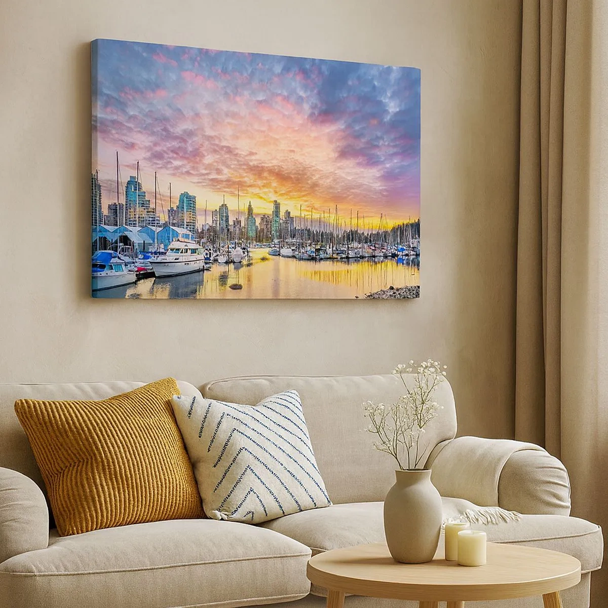 Impression sur toile - Image sur toile - Marina avec yachts et paysage urbain au coucher du soleil - 70x50cm - La cité aux mille marins - Décoration murale moderne pour le salon et la chambre ARTTOR