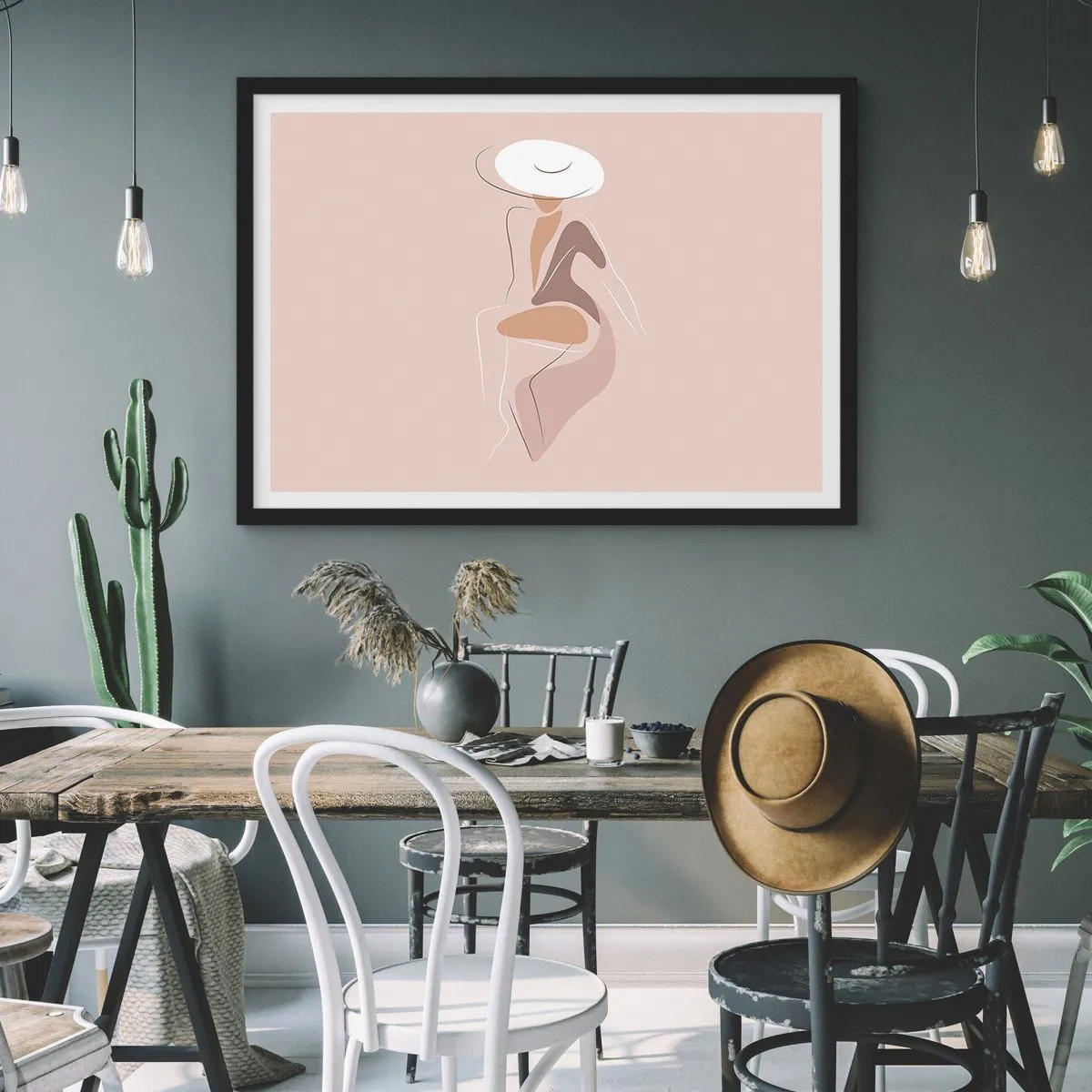 Affiche dans un cadre noir - Poster - Silhouette minimaliste d'une femme portant un chapeau - 100x70cm - Être une dame - Décoration murale moderne pour le salon et la chambre ARTTOR