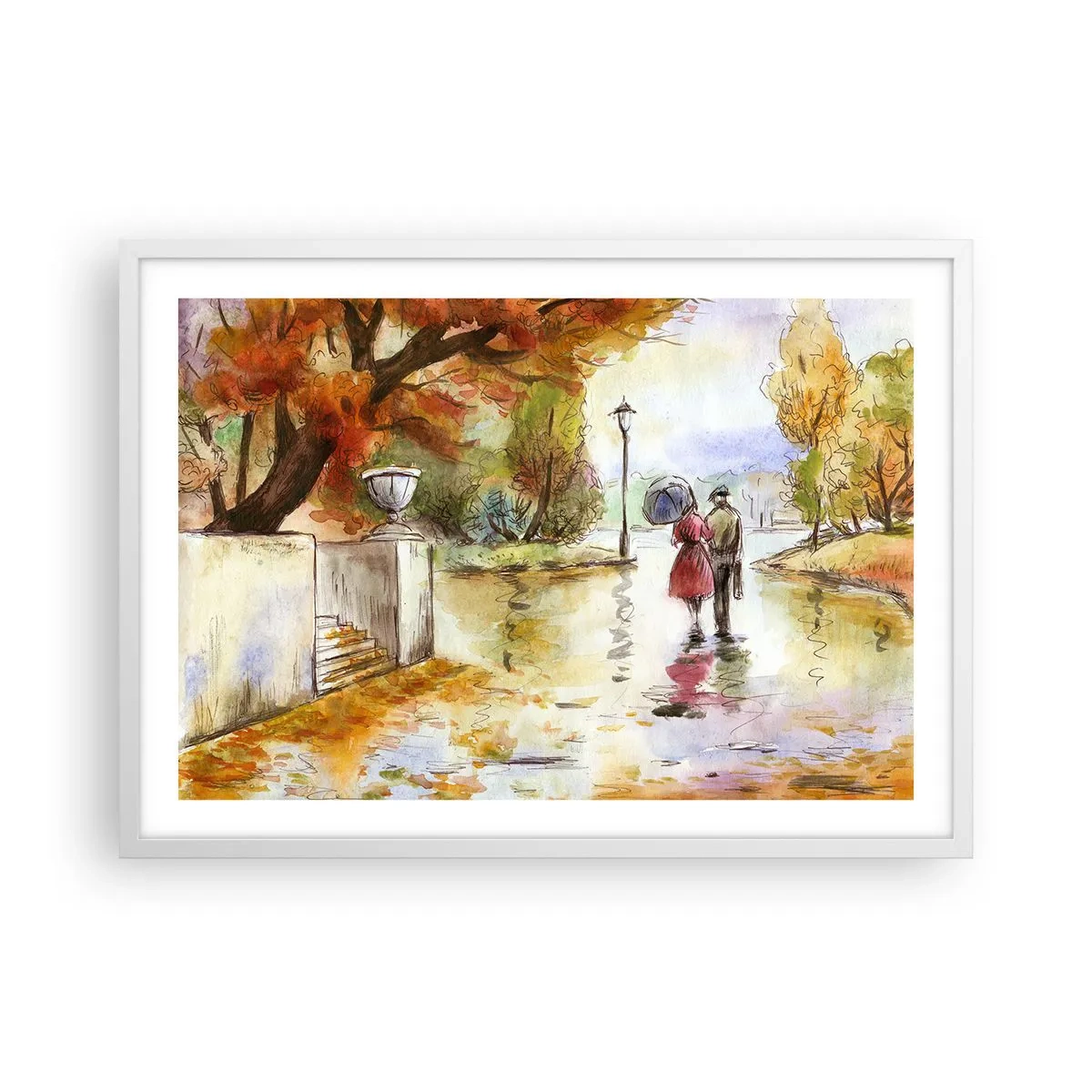 Affiche dans un cadre blanc - Poster - Automne romantique dans le parc - 70x50 cm