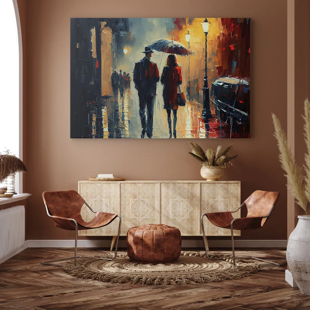 Impression sur toile - Image sur toile - Marcher sous la pluie sous un parapluie en ville la nuit - 70x50cm - Histoire d'amour urbaine - Décoration murale moderne pour le salon et la chambre ARTTOR