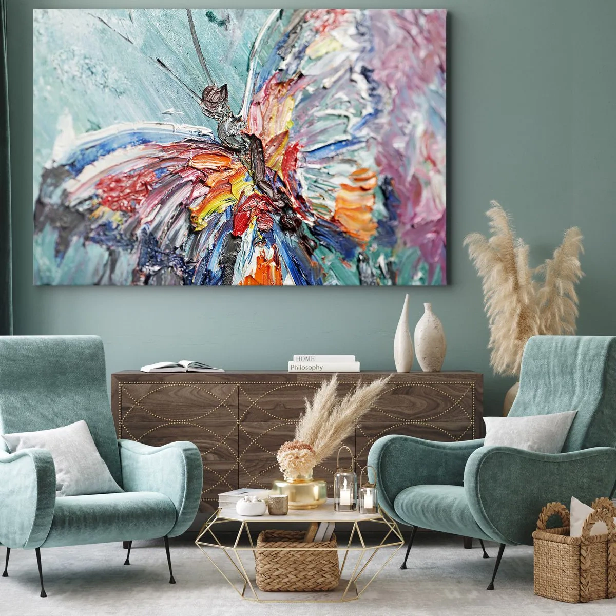 Impression sur toile - Image sur toile - Papillon coloré en pâte sur fond pastel - 70x50cm - Peint par nature - Décoration murale moderne pour le salon et la chambre ARTTOR