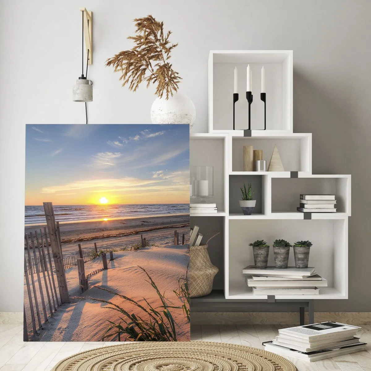 Impression sur verre - Image sur verre - Plage avec dunes au coucher du soleil - 50x70cm - Ombre et brillance du vent - Décoration murale moderne pour le salon et la chambre ARTTOR