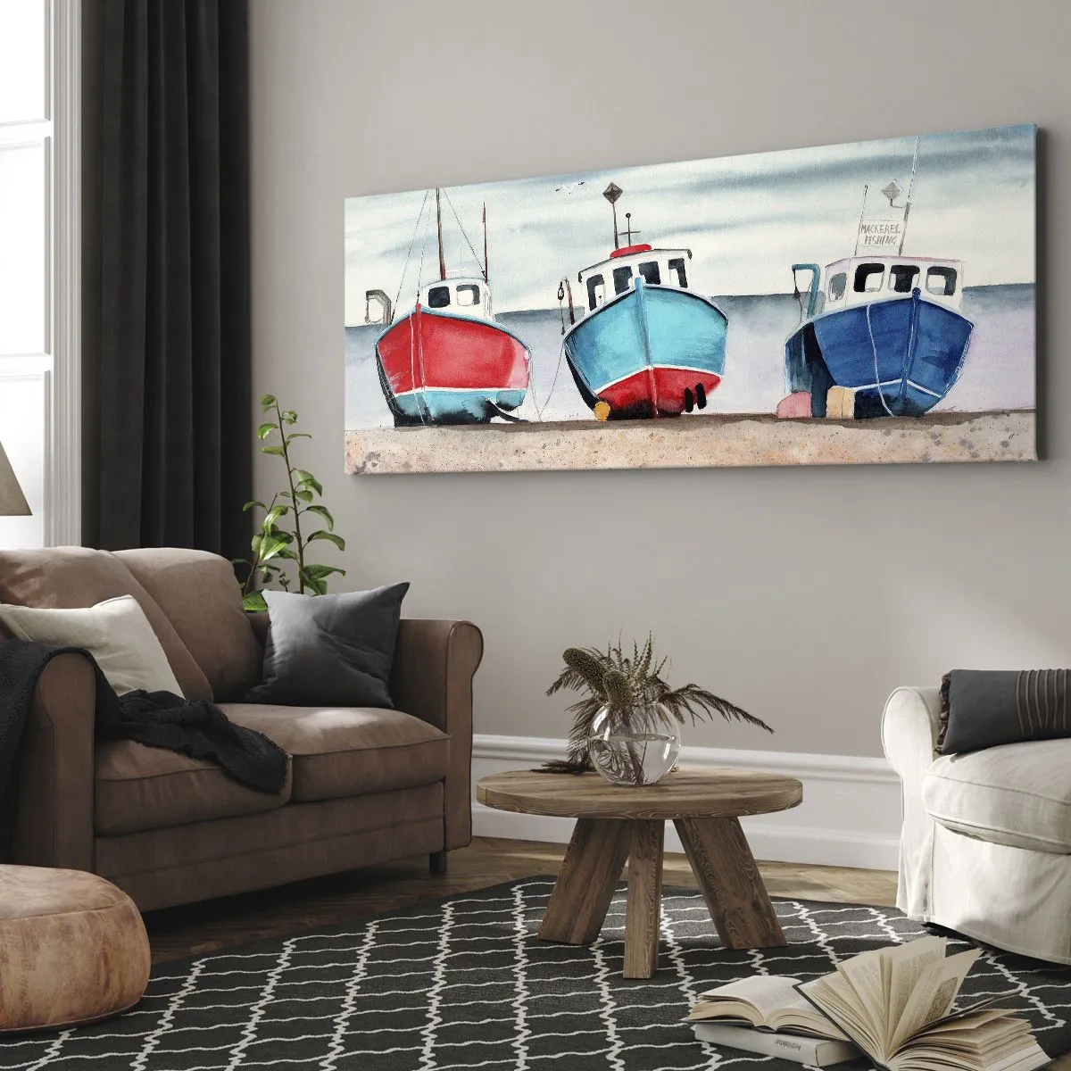 Impression sur toile - Image sur toile - Bateaux de pêche colorés sur le rivage dans un paysage marin - 120x50cm - Prêt pour la pêche - Décoration murale moderne pour le salon et la chambre ARTTOR