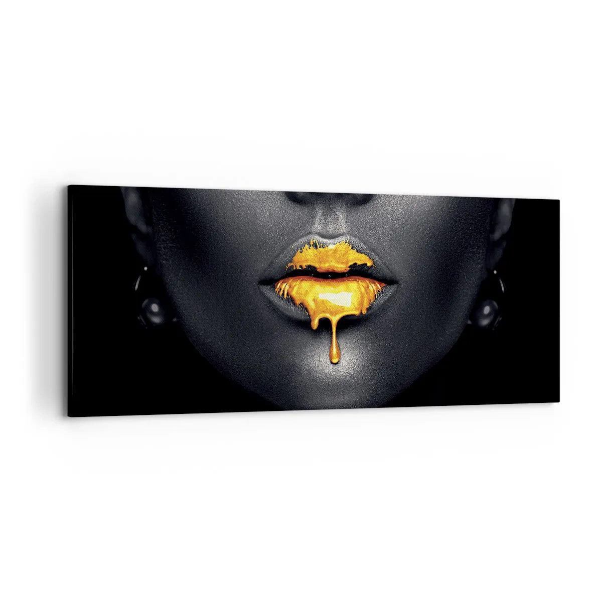 Impression sur toile - Image sur toile - Portrait noir et or d'une femme avec une goutte d'or sur les lèvres - 120x50cm - Bouche d'or - Décoration murale moderne pour le salon et la chambre ARTTOR