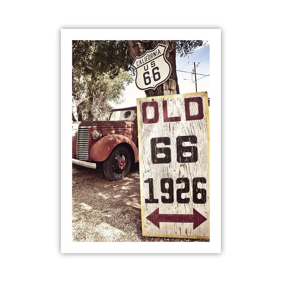 Affiche - Poster - Oldtimer au panneau Route 66 - 50x70cm - La légende de la province américaine - Décoration murale moderne pour le salon et la chambre ARTTOR