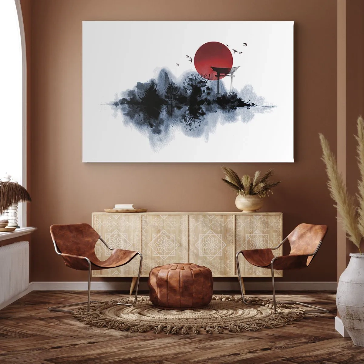 Impression sur toile - Image sur toile - Soleil rouge sur un paysage pittoresque avec torii - 70x50cm - Vue japonnaise - Décoration murale moderne pour le salon et la chambre ARTTOR