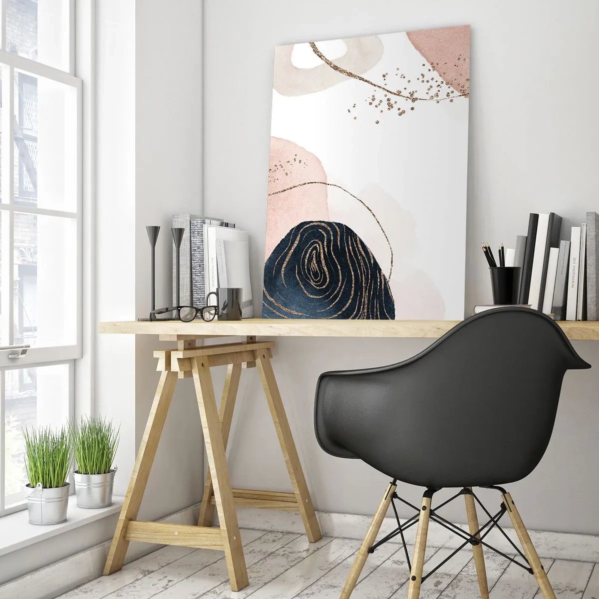 Impression sur verre - Image sur verre - Formes abstraites avec des accents dorés - 50x70cm - Tout coule - Décoration murale moderne pour le salon et la chambre ARTTOR