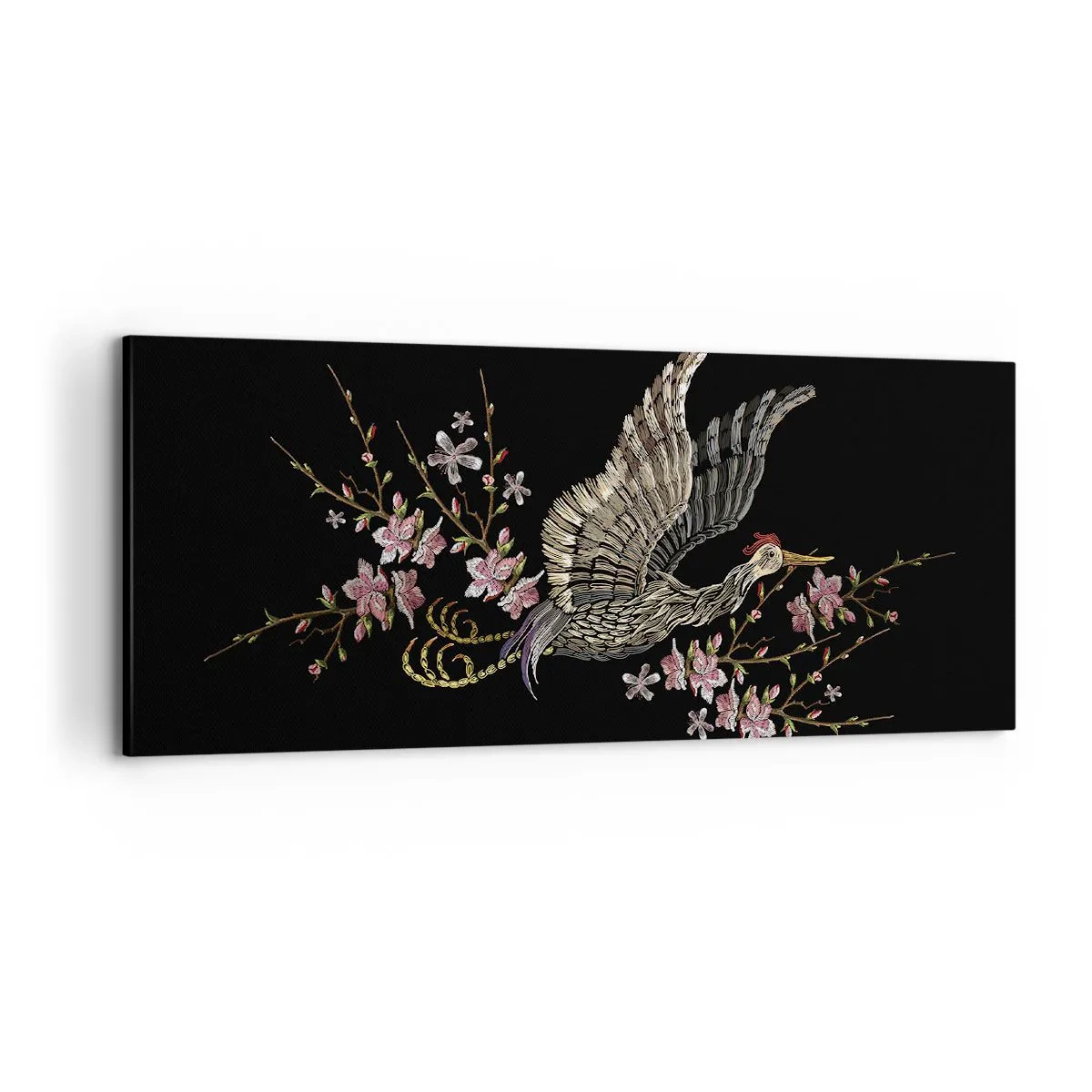 Impression sur toile - Image sur toile - Un oiseau en vol avec des fleurs sur fond noir - 120x50cm - Oiseau brodé exotique - Décoration murale moderne pour le salon et la chambre ARTTOR