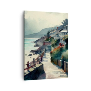 Impression sur toile - Image sur toile - Promenade en bord de mer avec maisons et végétation - 50x70cm - Ville méditerranéenne - Décoration murale moderne pour le salon et la chambre ARTTOR