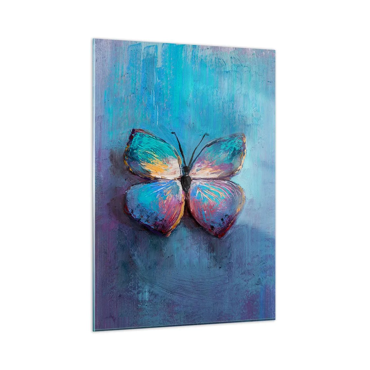 Impression sur verre - Image sur verre - Un papillon coloré sur un fond de couleurs abstraites dans des tons de bleu et de violet. - 50x70cm - Dans toute sa splendeur - Décoration murale moderne pour le salon et la chambre ARTTOR