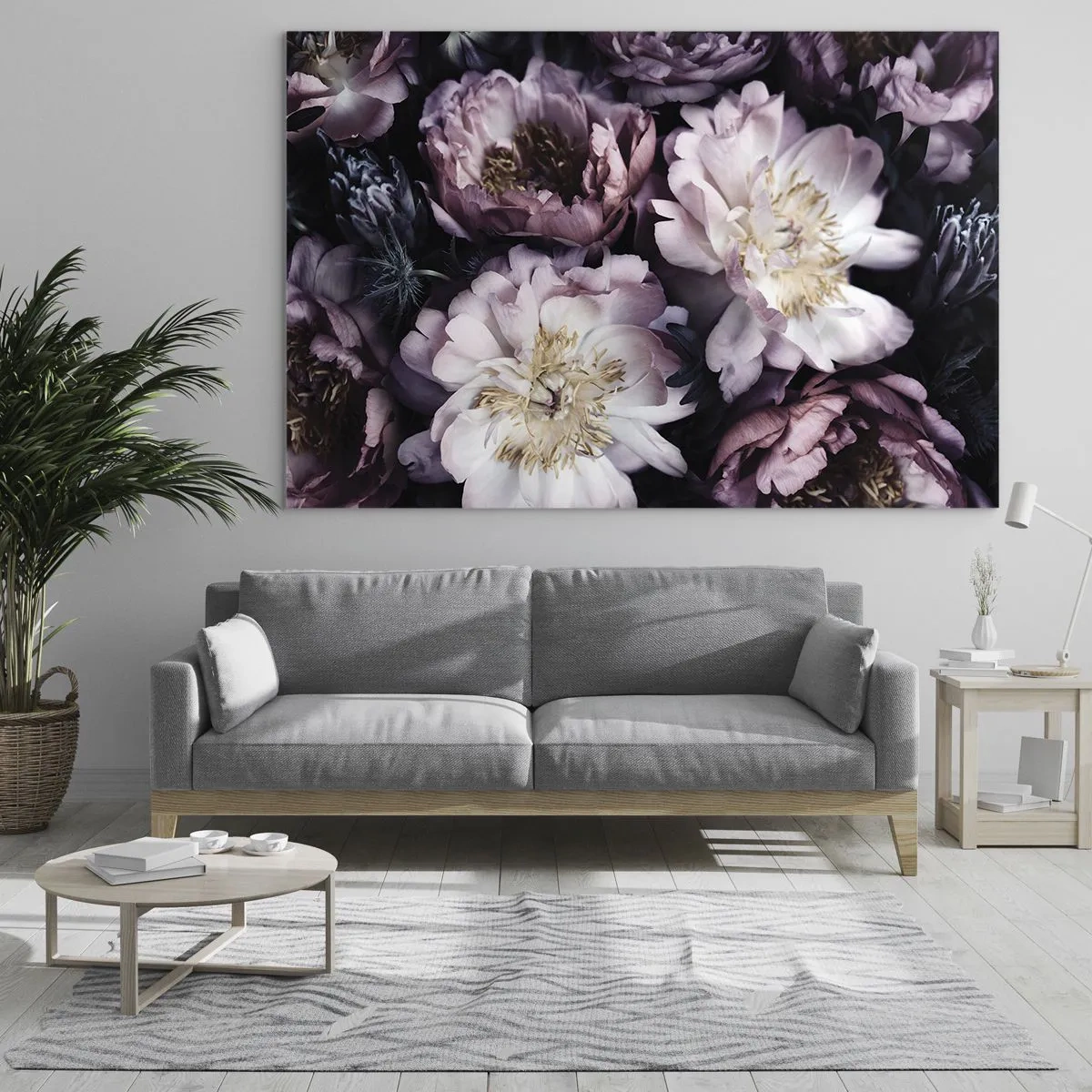 Impression sur verre - Image sur verre - Un bouquet romantique de pivoines aux tons violets et roses discrets - 70x50cm - Bouquet à l'ancienne - Décoration murale moderne pour le salon et la chambre ARTTOR