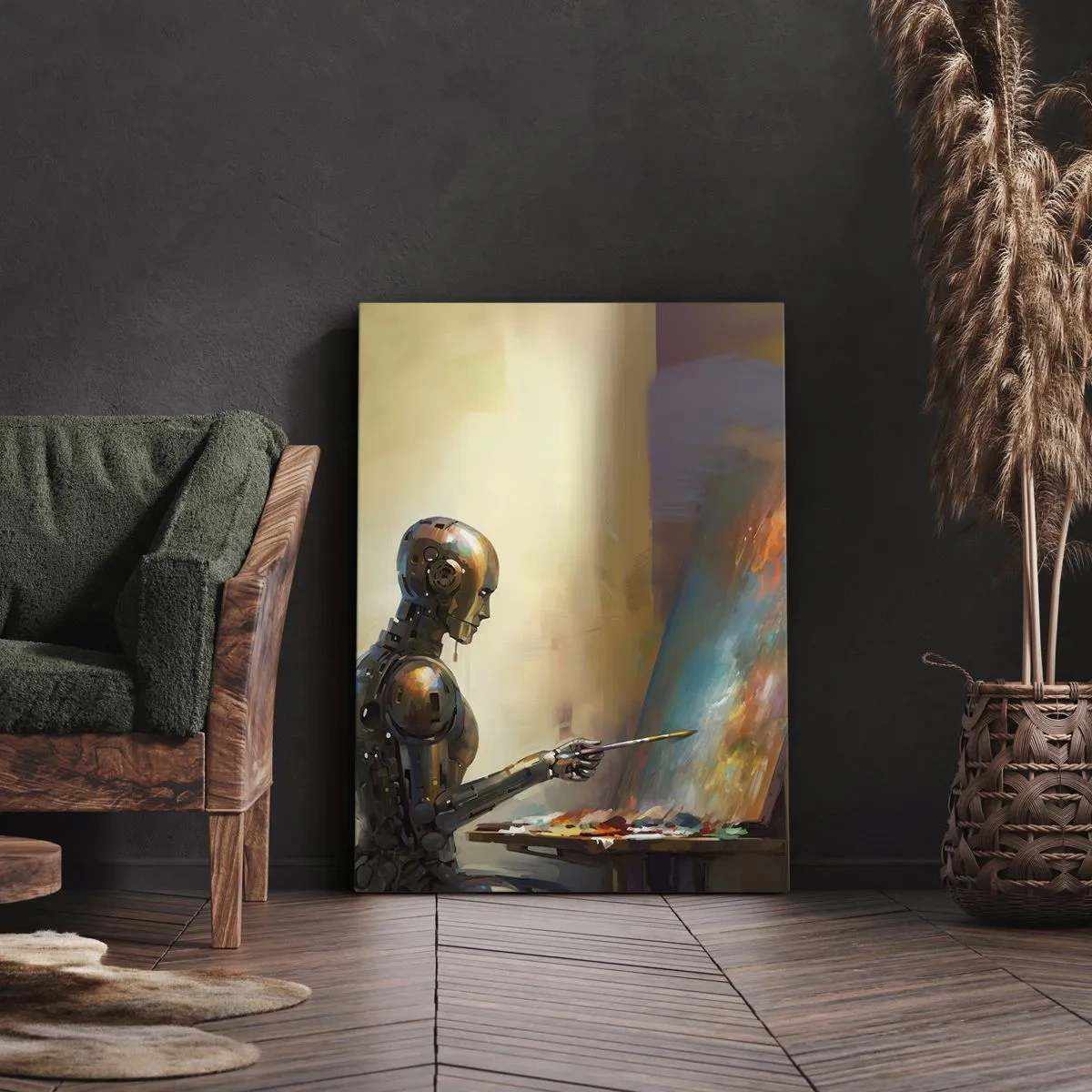 Impression sur toile - Image sur toile - Un robot peignant sur une toile dans un style artistique - 80x120cm - L'art du futur - Décoration murale moderne pour le salon et la chambre ARTTOR