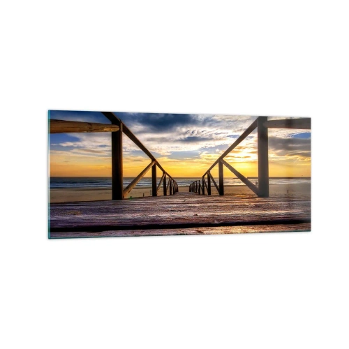 Impression sur verre - Image sur verre - Jetée en bois menant à la plage au coucher du soleil - 120x50cm - Directement sur une plage calme au coucher de soleil - Décoration murale moderne pour le salon et la chambre ARTTOR