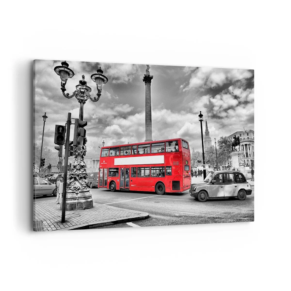 Impression sur toile - Image sur toile - Un bus rouge à impériale sur fond de ville en noir et blanc - 120x80cm - La vraie circulation sanguine de la ville - Décoration murale moderne pour le salon et la chambre ARTTOR