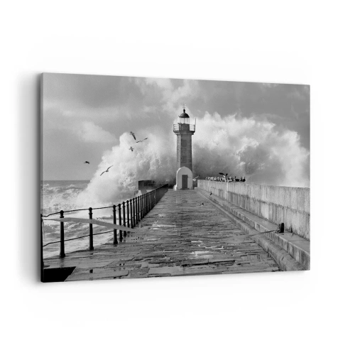 Impression sur toile - Image sur toile - Un phare entouré de vagues pendant une tempête - 120x80cm - Sans peur - Décoration murale moderne pour le salon et la chambre ARTTOR