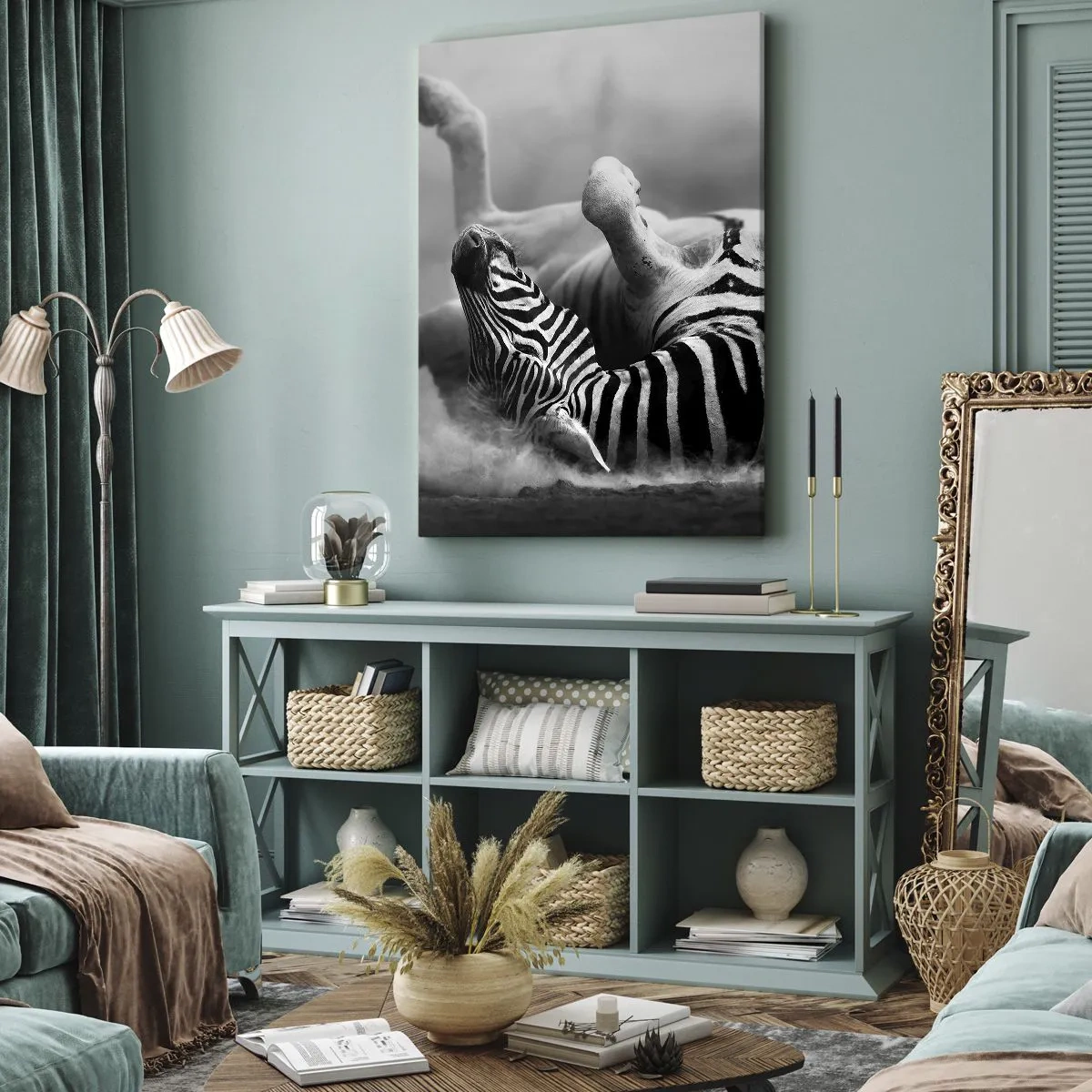 Impression sur toile - Image sur toile - Un zèbre noir et blanc se roulant dans le sable - 50x70cm - Pas uniquement le cheval en rirait - Décoration murale moderne pour le salon et la chambre ARTTOR