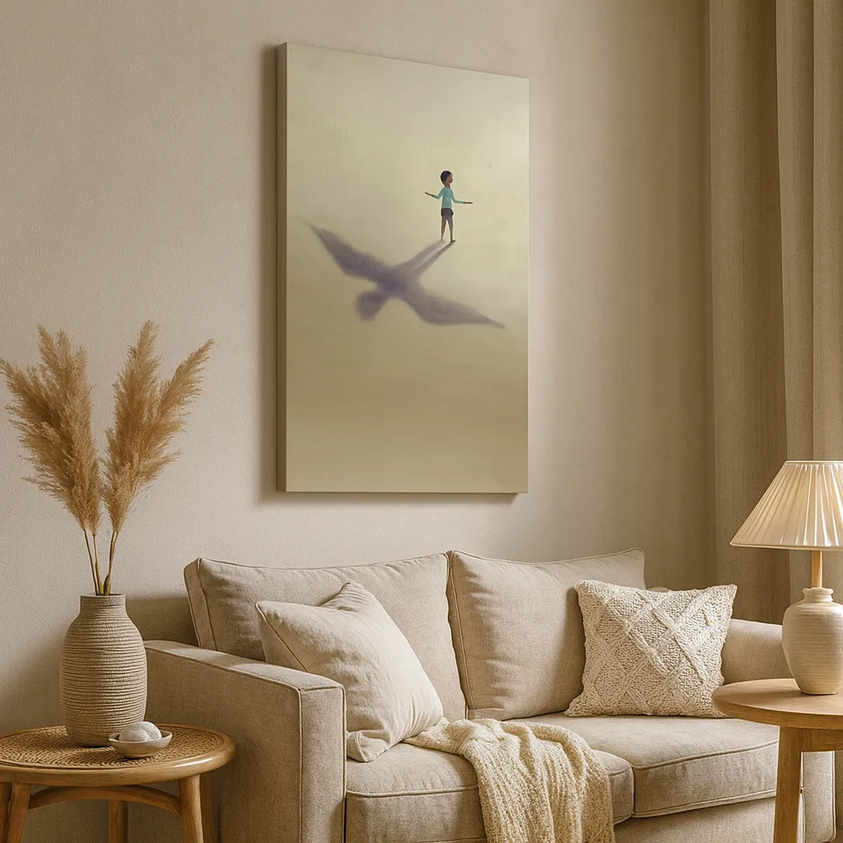 Impression sur toile - Image sur toile - Une figure symbolique d'un enfant avec l'ombre d'un oiseau sur un fond aux tons chauds. - 50x70cm - Héros du futur - Décoration murale moderne pour le salon et la chambre ARTTOR