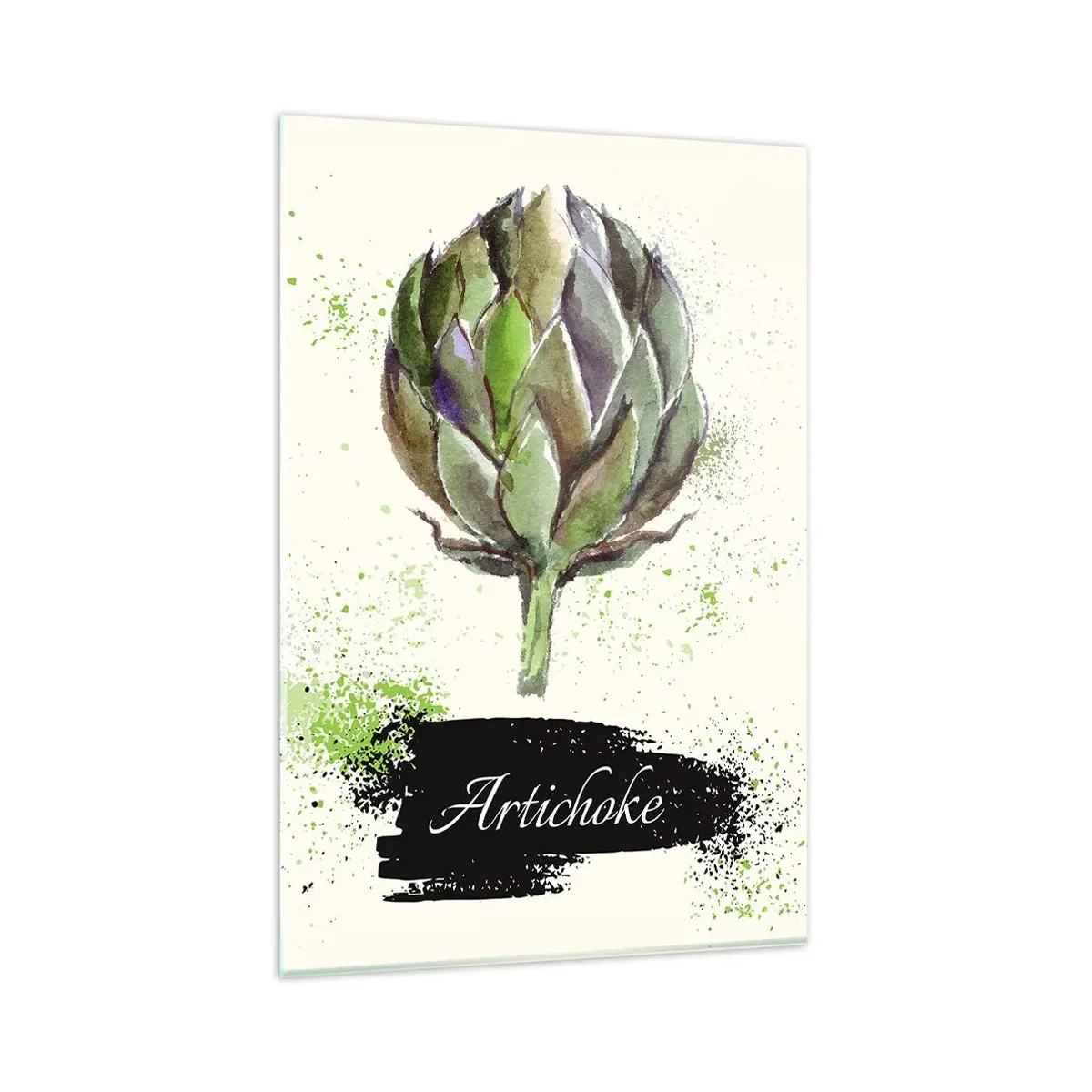 Impression sur verre - Image sur verre - Artichaut à l'aquarelle avec texte sur fond clair aux accents verts - 80x120cm - Vive les légumes! - Décoration murale moderne pour le salon et la chambre ARTTOR