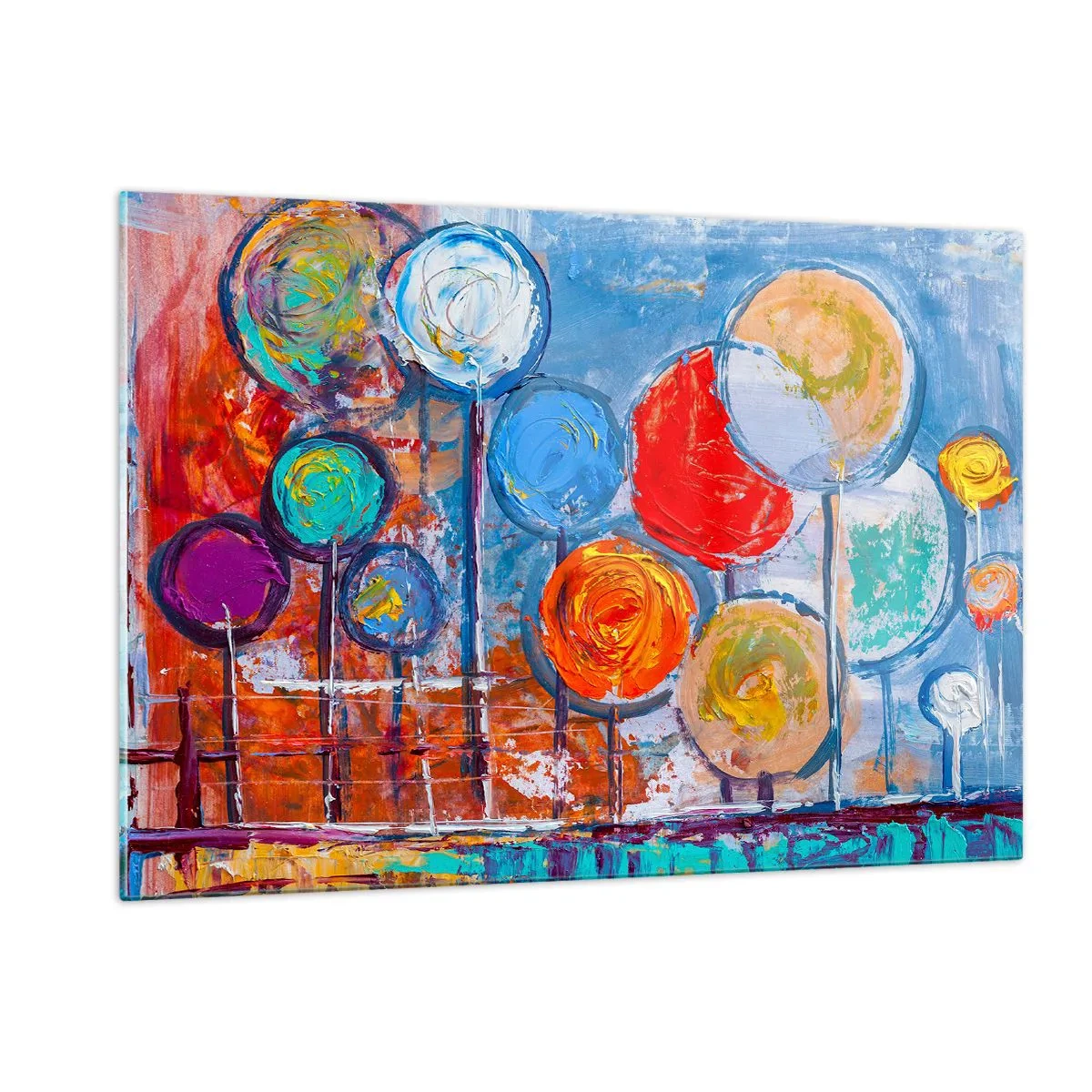 Impression sur verre - Image sur verre - Arbres colorés et abstraits peints contre le ciel - 120x80cm - Miracles sur le bâton - Décoration murale moderne pour le salon et la chambre ARTTOR