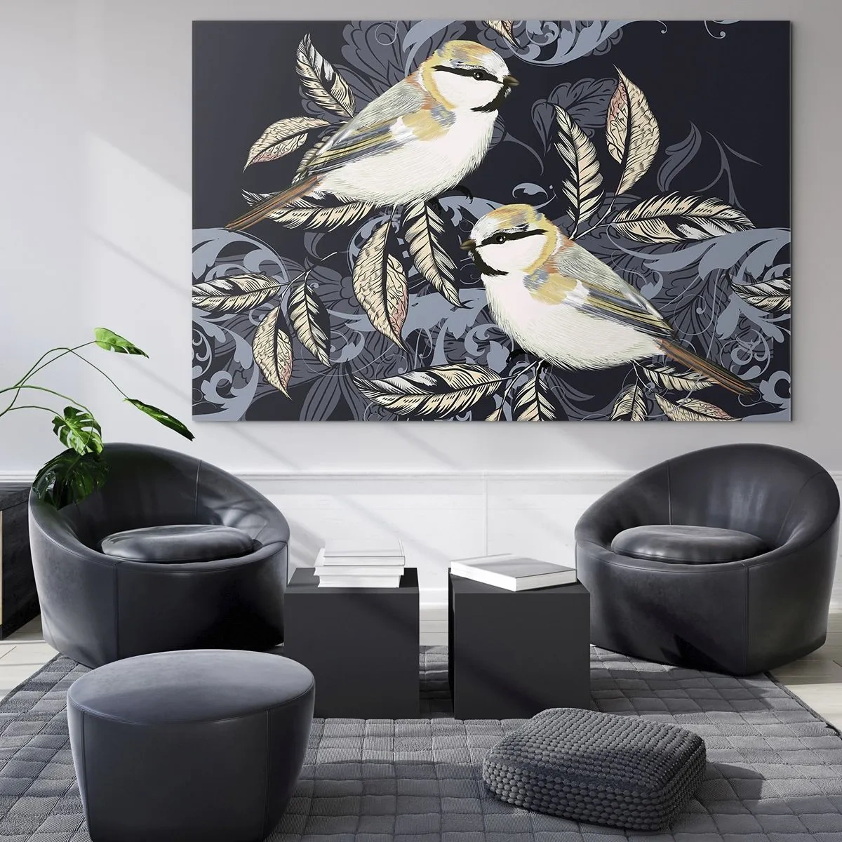 Impression sur verre - Image sur verre - Illustration de deux oiseaux sur un fond sombre avec des ornements - 70x50cm - Babillement jaune et bleu - Décoration murale moderne pour le salon et la chambre ARTTOR