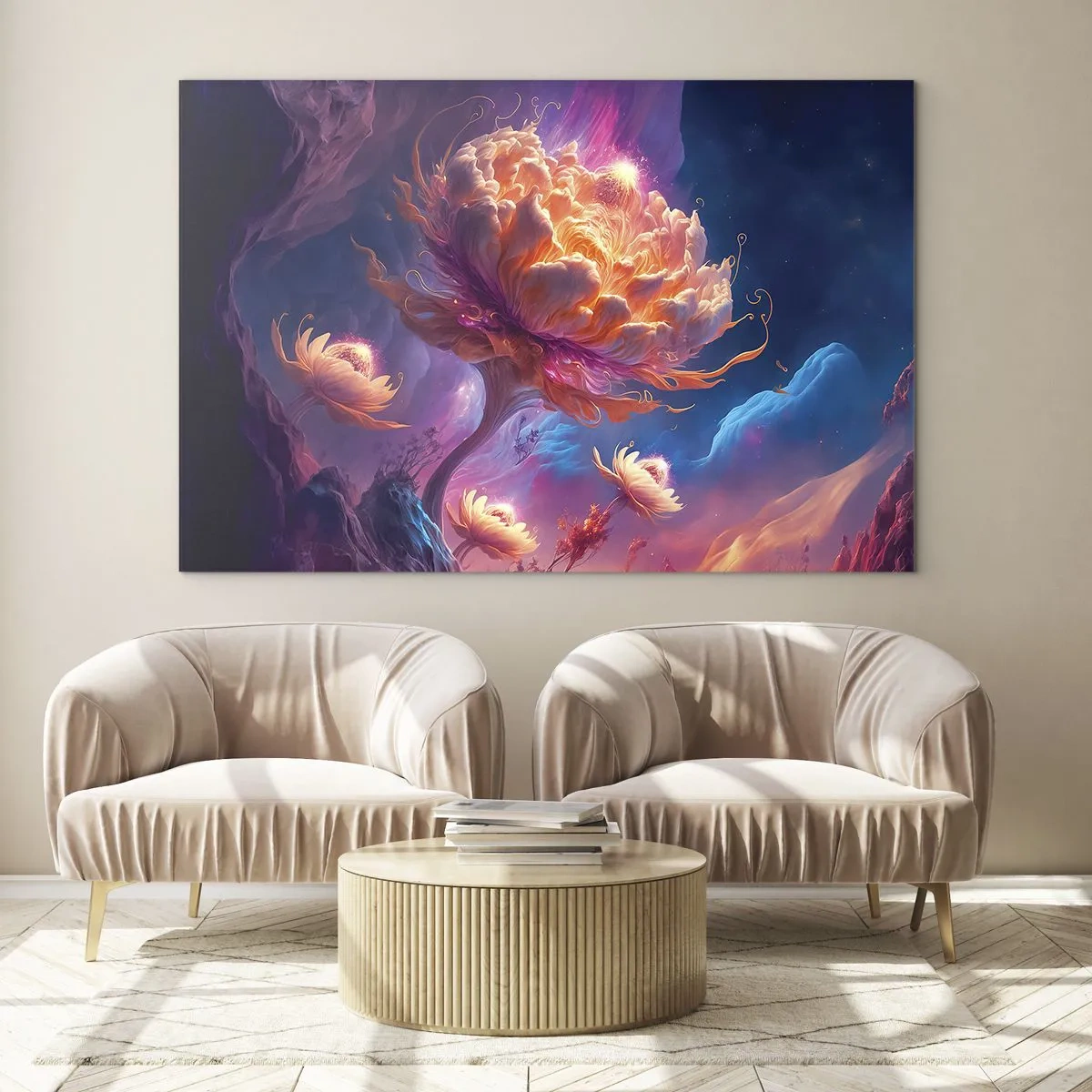 Impression sur verre - Image sur verre - Une fleur fantastique flottant dans un décor cosmique - 120x80cm - Un autre monde - Décoration murale moderne pour le salon et la chambre ARTTOR