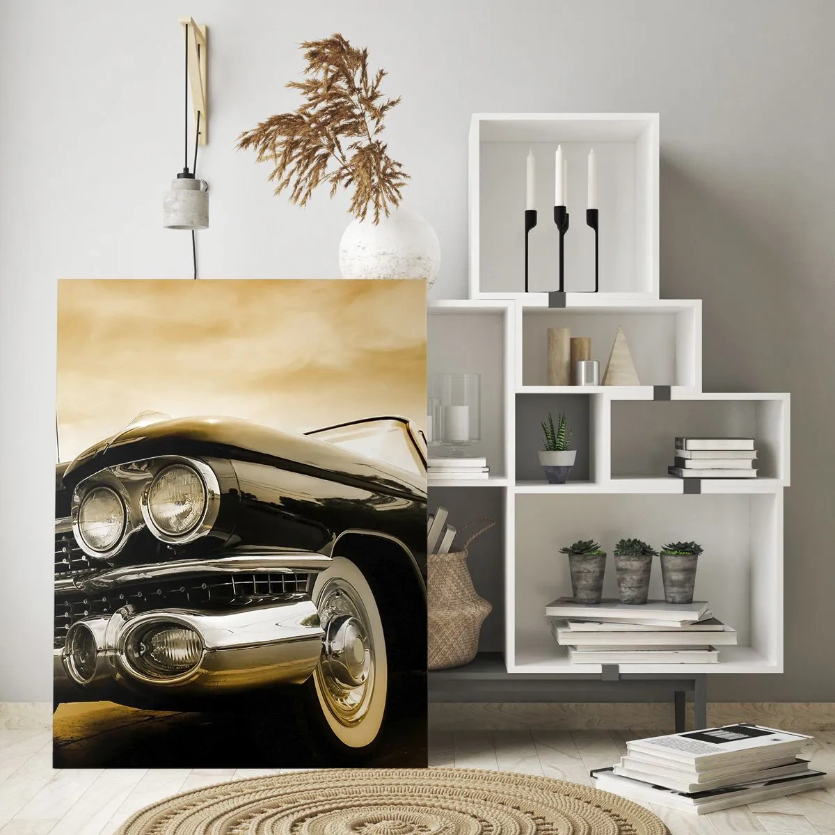 Impression sur verre - Image sur verre - L'avant d'une voiture classique dans un style rétro élégant - 50x70cm - Les classiques ne passent jamais - Décoration murale moderne pour le salon et la chambre ARTTOR