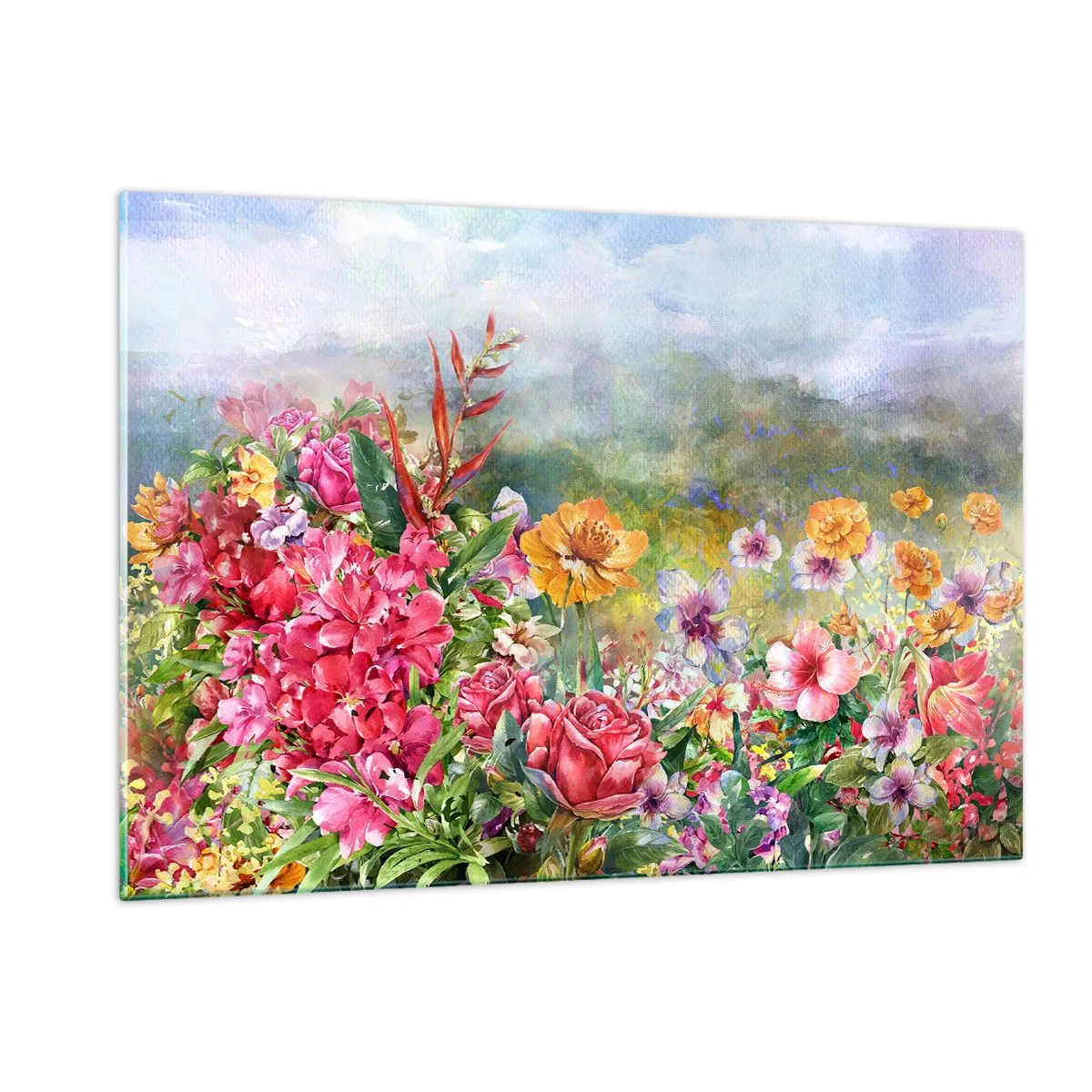 Impression sur verre - Image sur verre - Un bouquet de fleurs colorées dans un paysage pittoresque - 120x80cm - Un jardin devenu fou - Décoration murale moderne pour le salon et la chambre ARTTOR